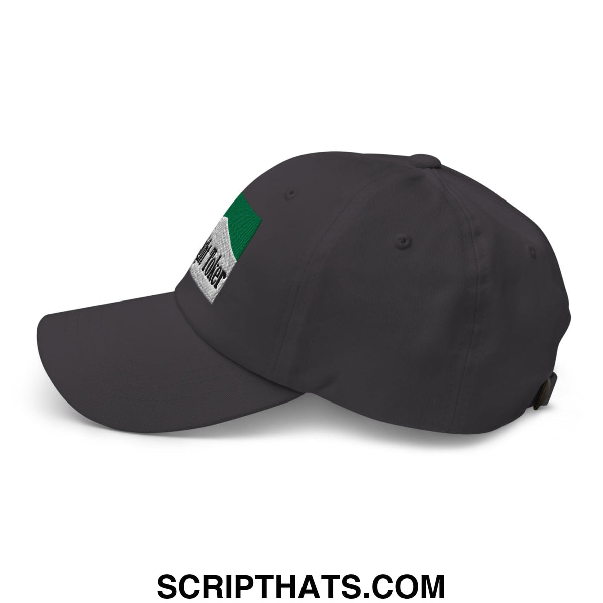 Dark gray unstructured dad hat with green and white golf fitter embroidered patch on the side