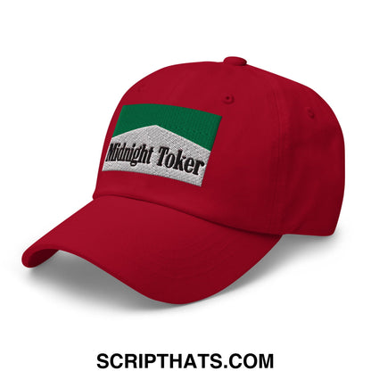Red unstructured dad hat featuring a green and silver patch embroidered with midnight toker for cigarette menthol fans