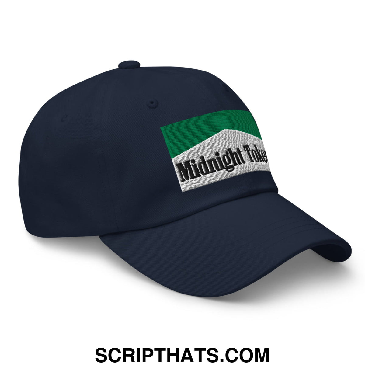 Navy blue unstructured dad hat with a green and white embroidered midnight token patch for casual wear