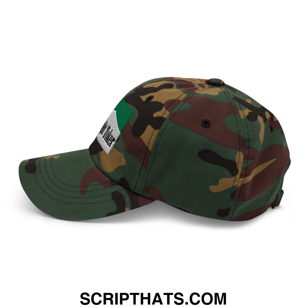 Midnight toker cigarette menthol green embroidered unstructured dad hat with camouflage pattern and white side patch