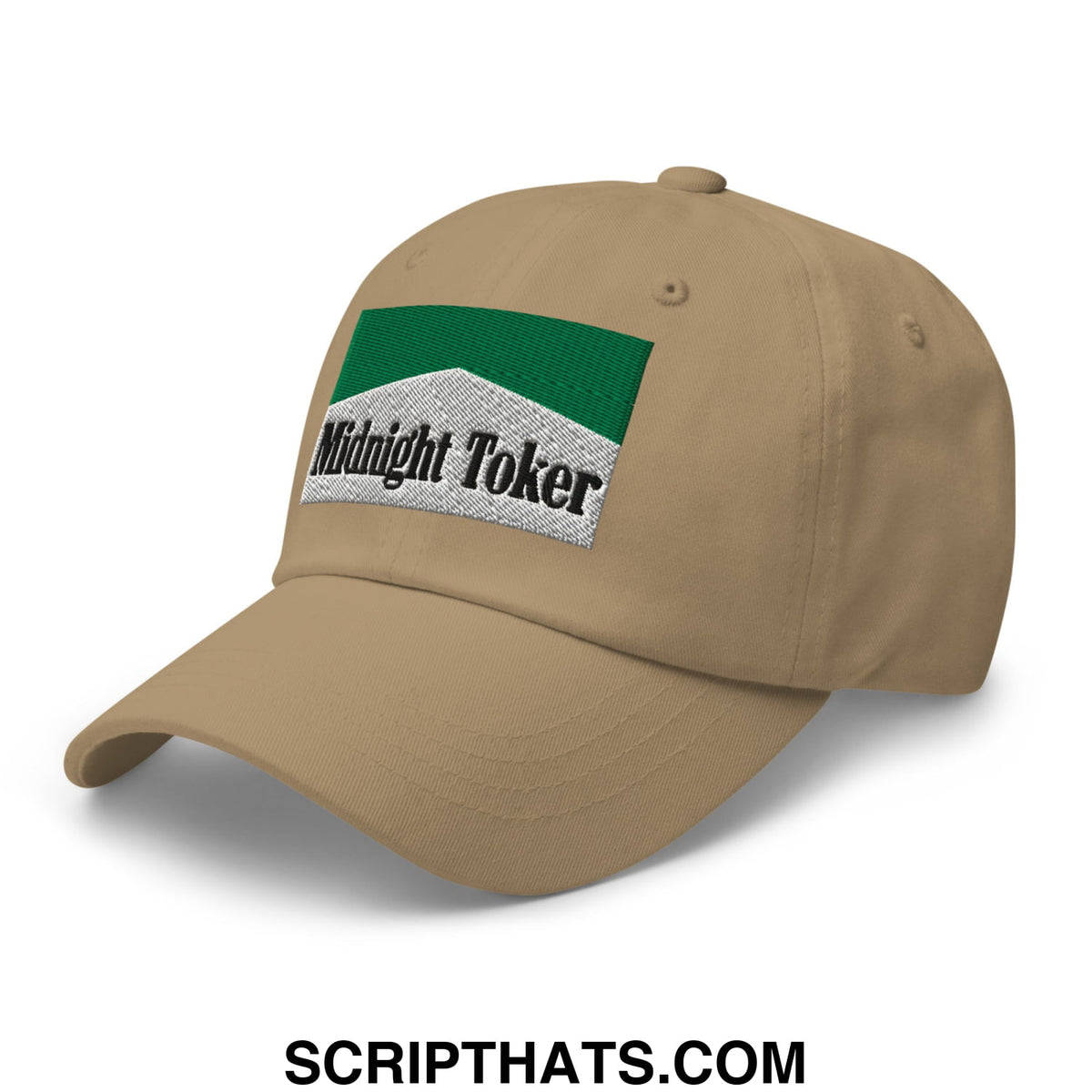 Beige unstructured dad hat with green and silver embroidered midnight toker patch cigarette menthol design