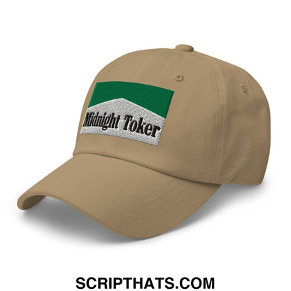 Beige unstructured dad hat with green and silver embroidered midnight toker patch cigarette menthol design