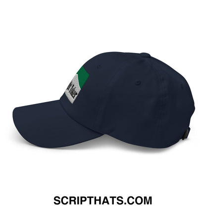 Navy blue unstructured dad hat with green and white embroidered said toler patch for casual wear