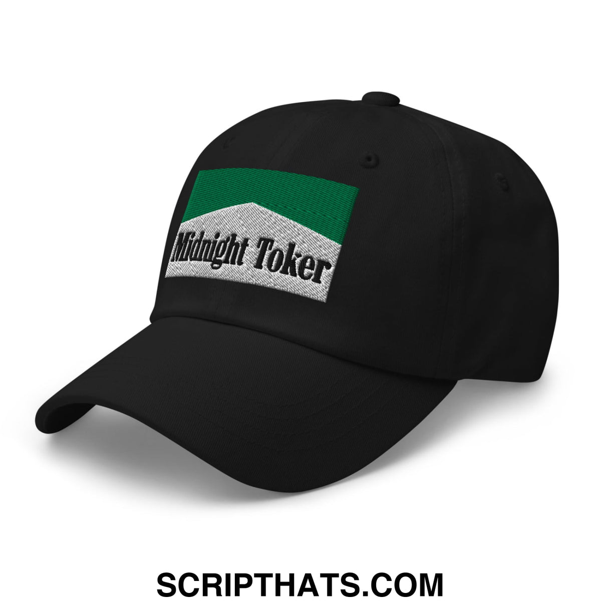 Black unstructured dad hat featuring a green and silver embroidered midnight toker patch for casual wear