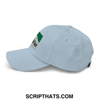 Light blue cotton unstructured dad hat with green and silver embroidered patch titled midnight toker cigarette menthol green