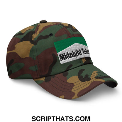 Camouflage baseball cap with green and white midnight token patch in a midnight toker cigarette menthol dad hat design