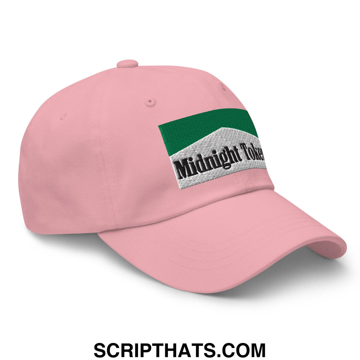 Pink unstructured dad hat with green and gray midnight token embroidered patch for casual wear