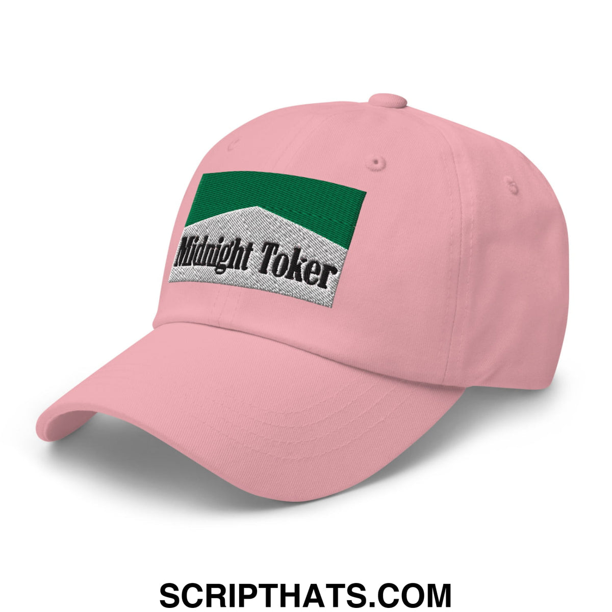 Pink unstructured dad hat with green and silver embroidered midnight toker patch for cigarette menthol fans