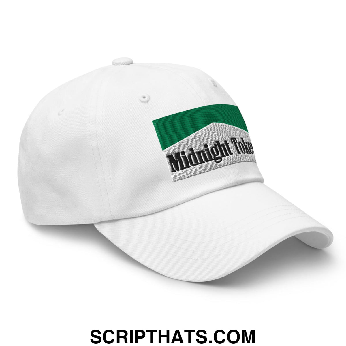 White unstructured dad hat with green and gray embroidered midnight token patch for casual wear