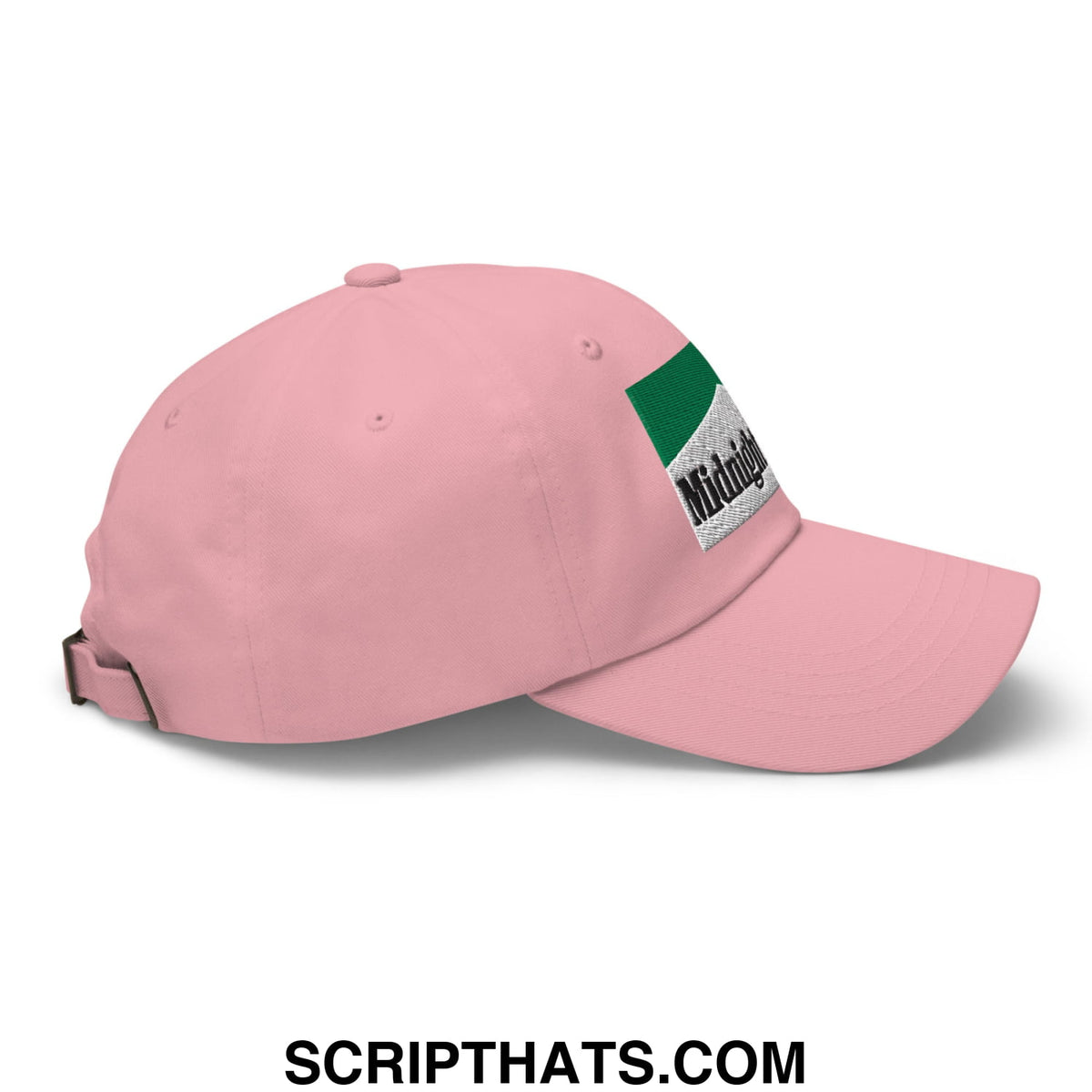 Pink unstructured dad hat with green and white cigarette menthol embroidered patch reading midnight