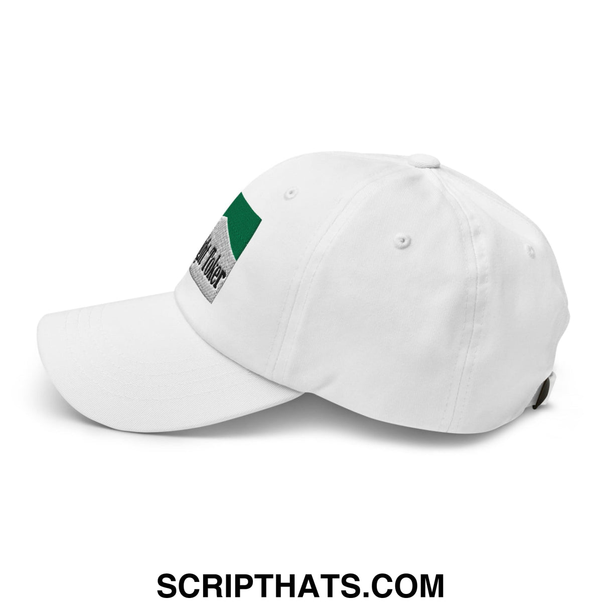 White unstructured dad hat with midnight toker cigarette menthol green and silver embroidered patch on side