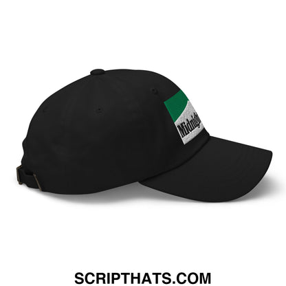 Black unstructured dad hat with green and white embroidered midnight patch for casual wear