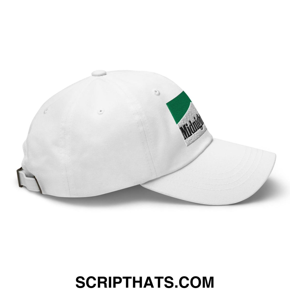 White unstructured dad hat with green and gray embroidered midnight patch for cigarette menthol smokers