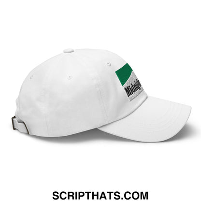 White unstructured dad hat with green and gray embroidered midnight patch for cigarette menthol smokers