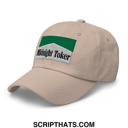 Beige unstructured dad hat with green and silver embroidered midnight toker patch for cigarette menthol fans