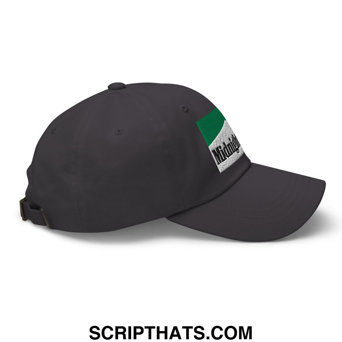 Dark gray unstructured dad hat with a green and white patch embroidered with midnight in black for casual wear