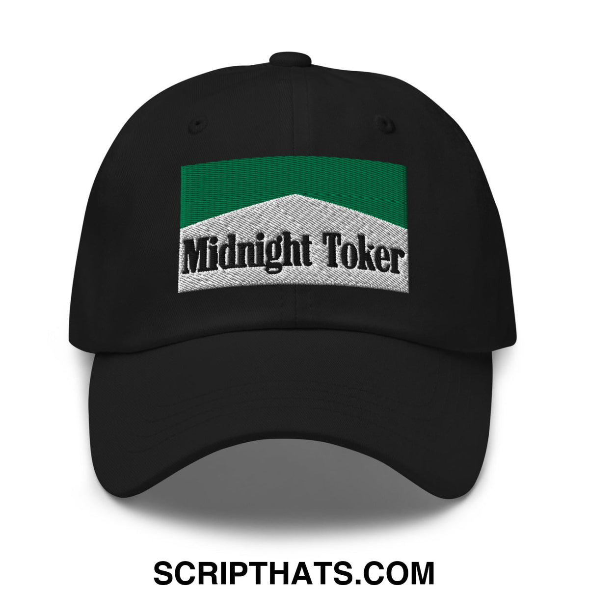 Black unstructured dad hat with green and silver embroidered patch reading midnight toker cigarette menthol design