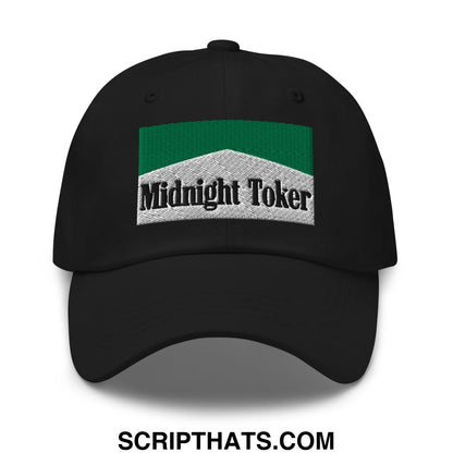 Black unstructured dad hat with green and silver embroidered patch reading midnight toker cigarette menthol design