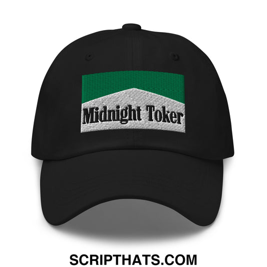 Black unstructured dad hat with green and silver embroidered patch reading midnight toker cigarette menthol design