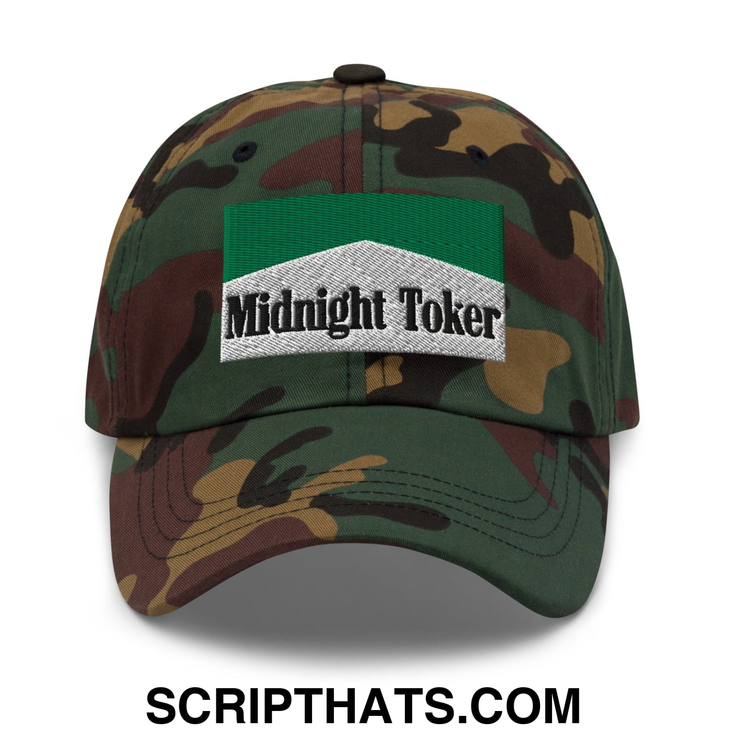 Midnight Toker Cigarette Menthol Green Embroidered Unstructured Dad Hat Green Camo