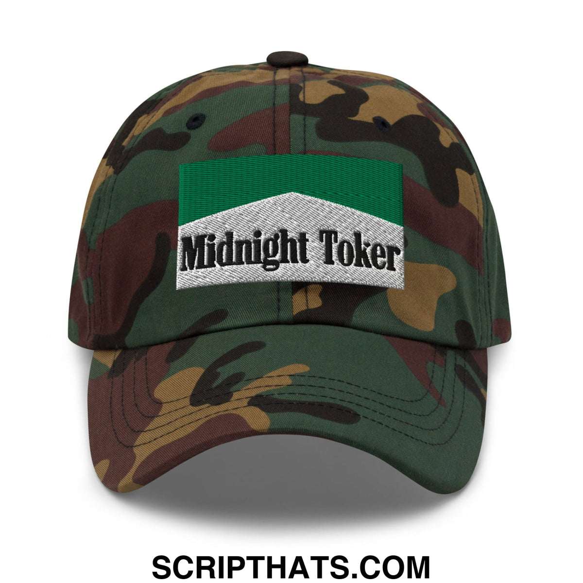 Camouflage baseball cap with green and white embroidered midnight toker patch unstructured dad hat style