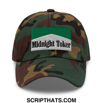 Camouflage baseball cap with green and white embroidered midnight toker patch unstructured dad hat style