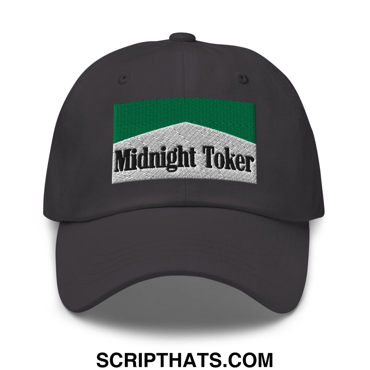 Dark gray unstructured dad hat with a green and silver embroidered midnight toker patch for cigarette menthol fans