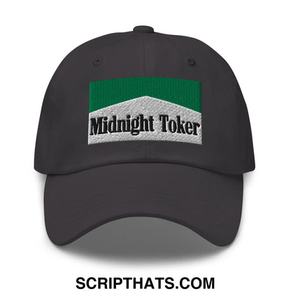 Dark gray unstructured dad hat with a green and silver embroidered midnight toker patch for cigarette menthol fans