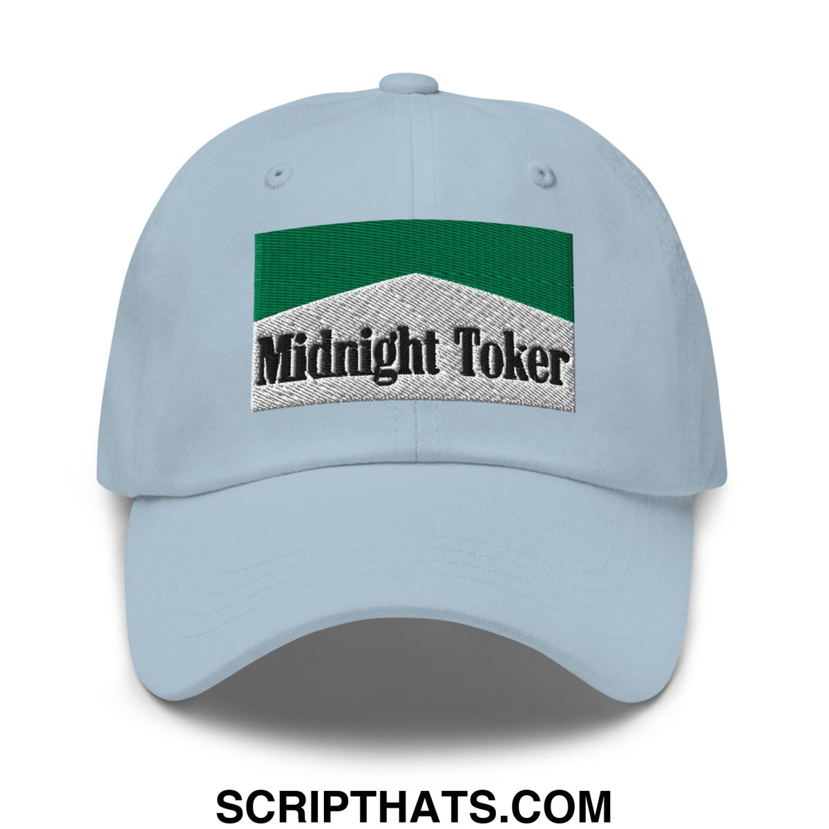 Light blue cotton unstructured dad hat featuring a green and silver embroidered patch with midnight toker text