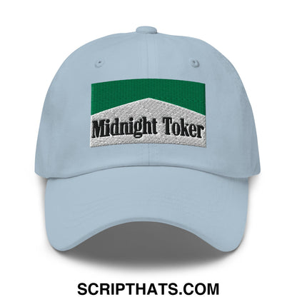Light blue cotton unstructured dad hat featuring a green and silver embroidered patch with midnight toker text