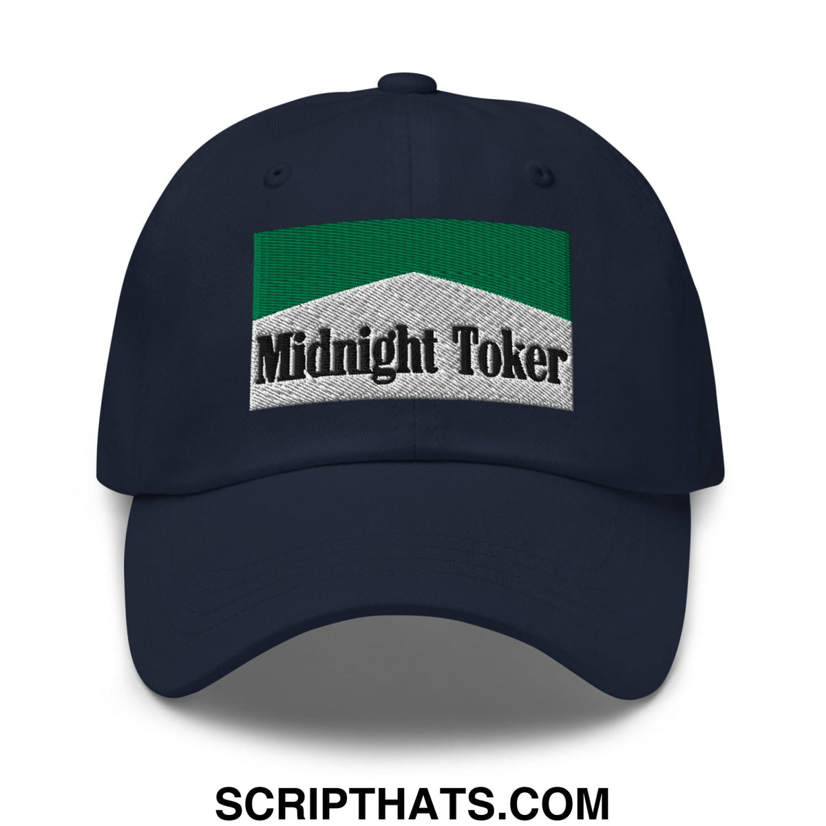 Dark navy unstructured dad hat with green and silver embroidered midnight toker patch for cigarette menthol fans
