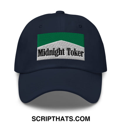 Dark navy unstructured dad hat with green and silver embroidered midnight toker patch for cigarette menthol fans