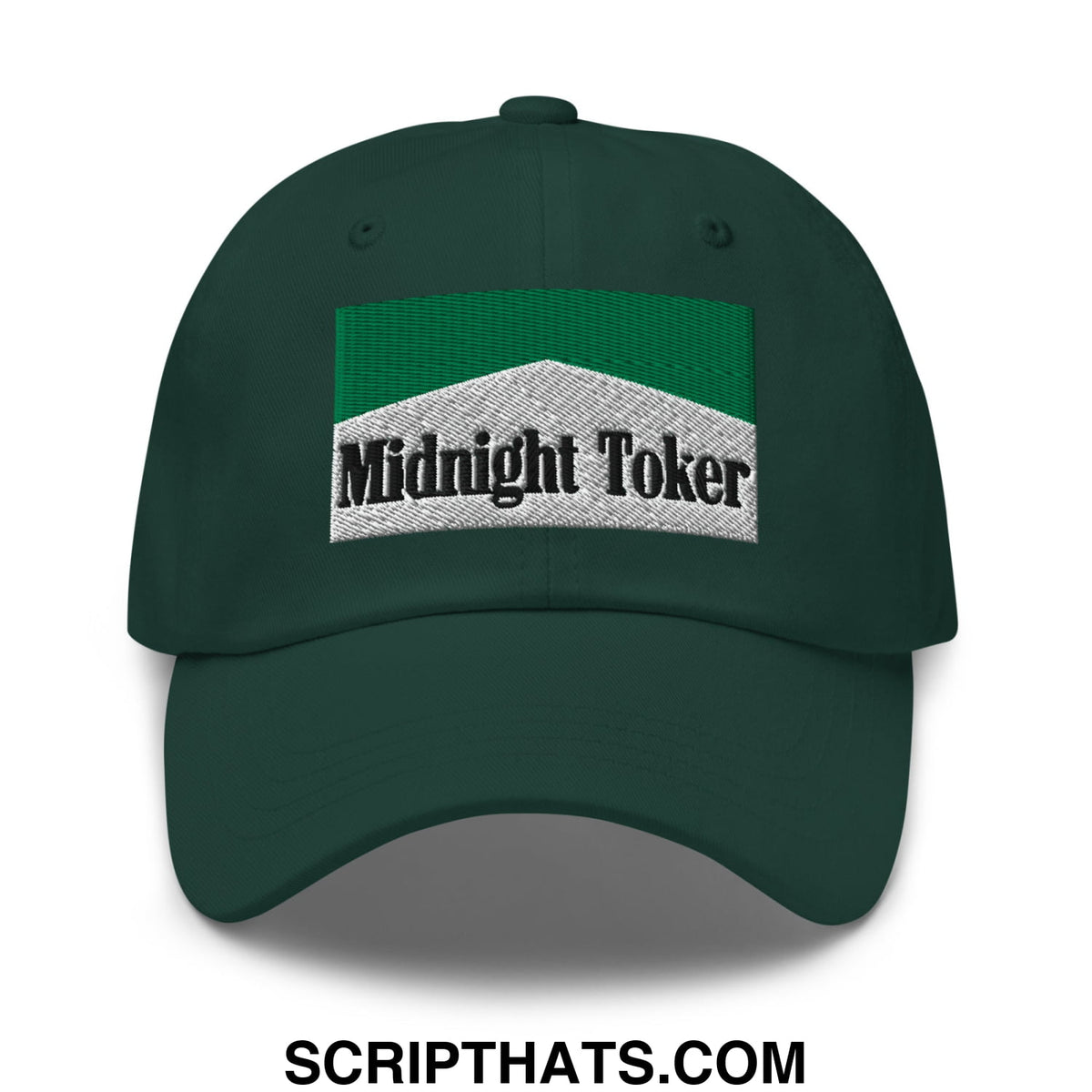 Dark green unstructured dad hat with embroidered green and silver patch and black midnight toker text for casual wear
