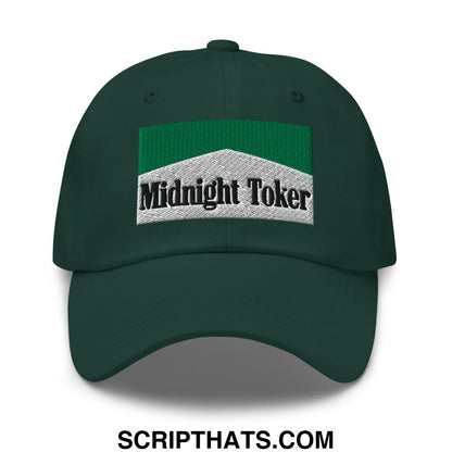 Dark green unstructured dad hat with embroidered green and silver patch and black midnight toker text for casual wear