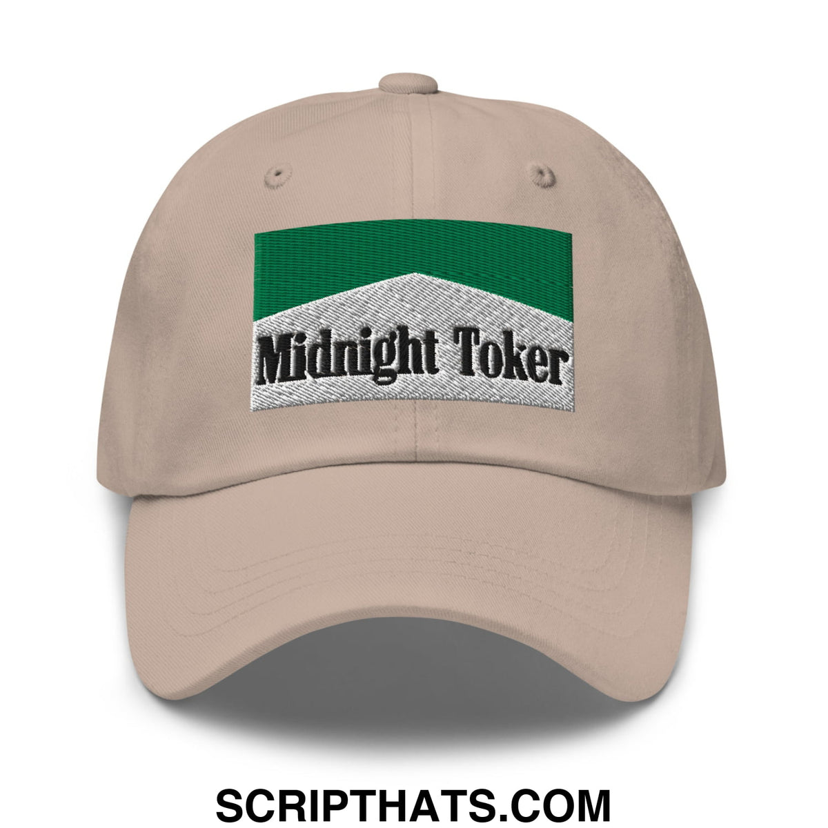 Beige unstructured dad hat with green and silver embroidered midnight toker patch for casual wear