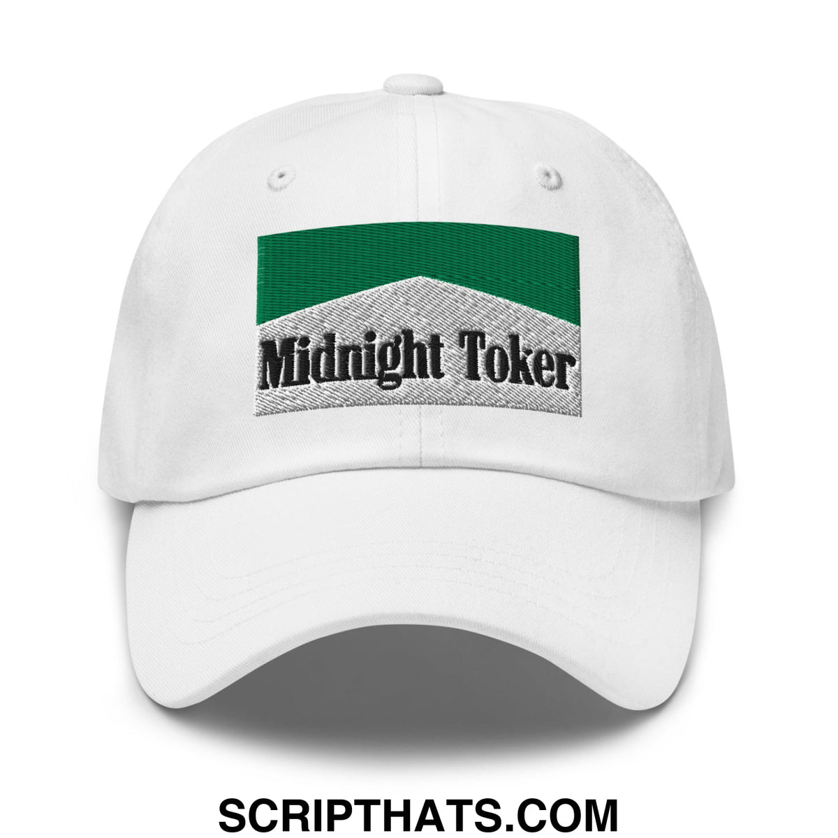 White unstructured dad hat with green and gray embroidered patch reading midnight toker in black lettering