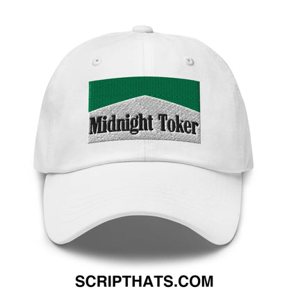 White unstructured dad hat with green and gray embroidered patch reading midnight toker in black lettering