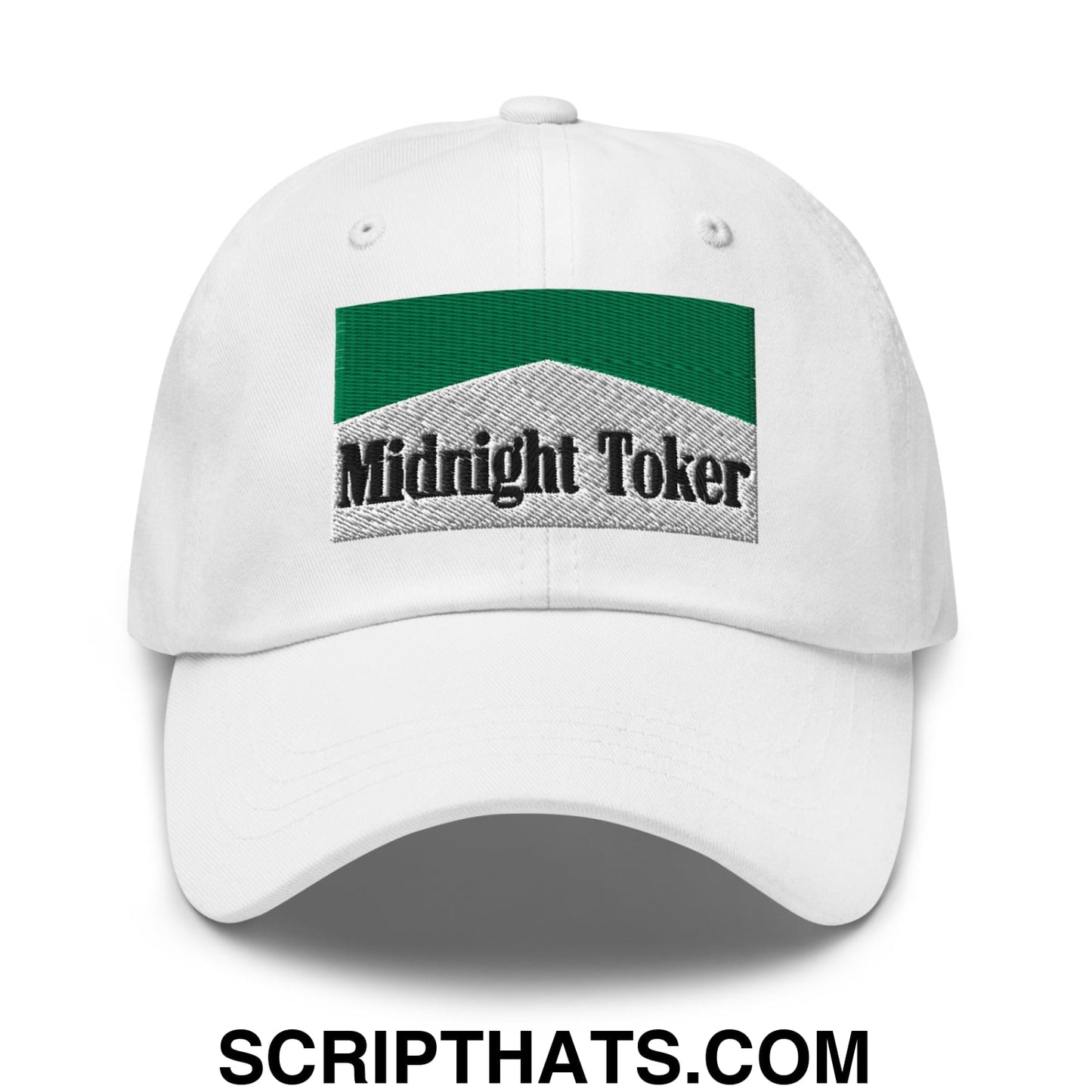 Midnight Toker Cigarette Menthol Green Embroidered Unstructured Dad Hat White