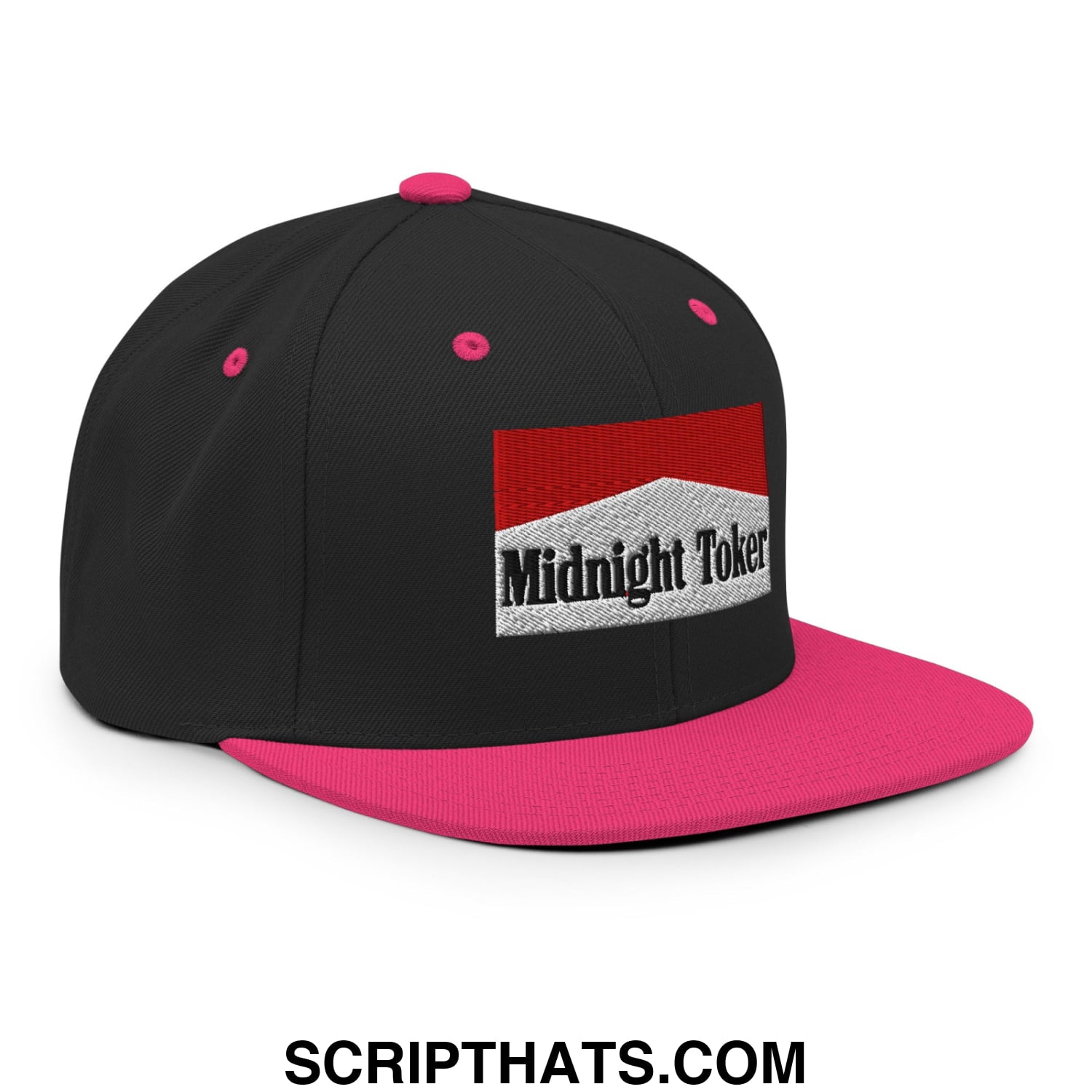 Midnight Toker Cigarette Red Embroidered Flat Bill Brim Snapback Hat Black Neon Pink