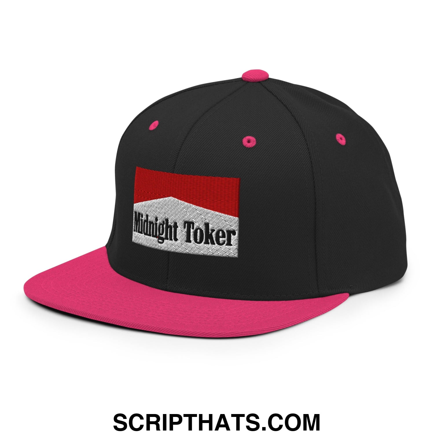 Midnight Toker Cigarette Red Embroidered Flat Bill Brim Snapback Hat Black Neon Pink