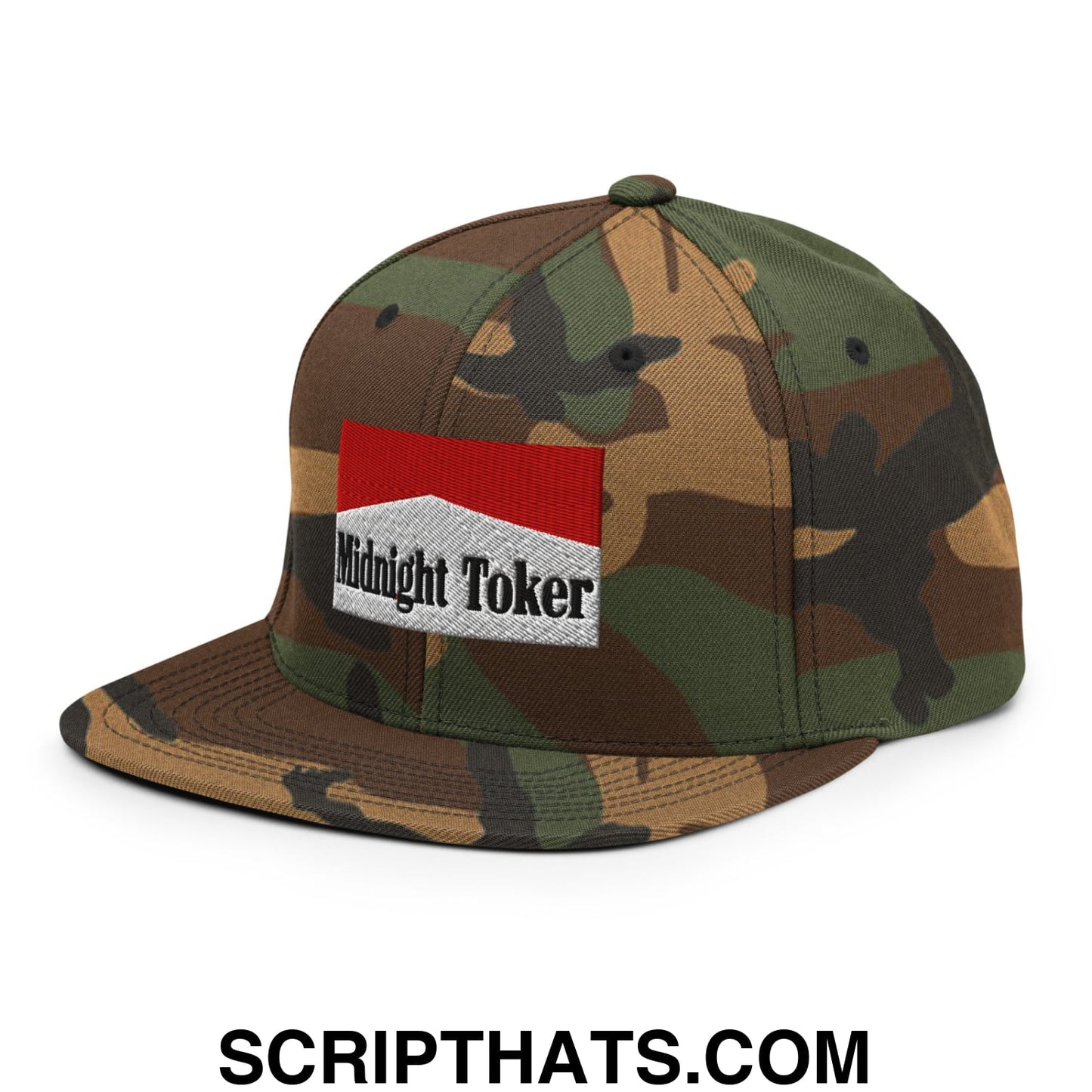 Midnight Toker Cigarette Red Embroidered Flat Bill Brim Snapback Hat Green Camo