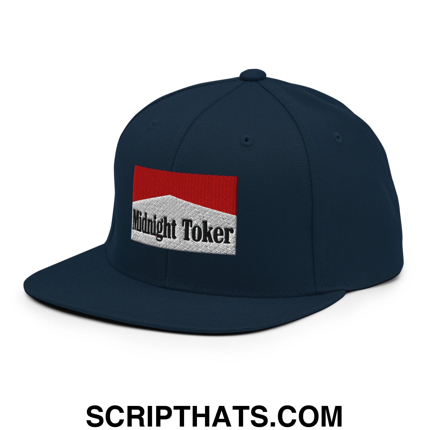 Midnight Toker Cigarette Red Embroidered Flat Bill Brim Snapback Hat Dark Navy