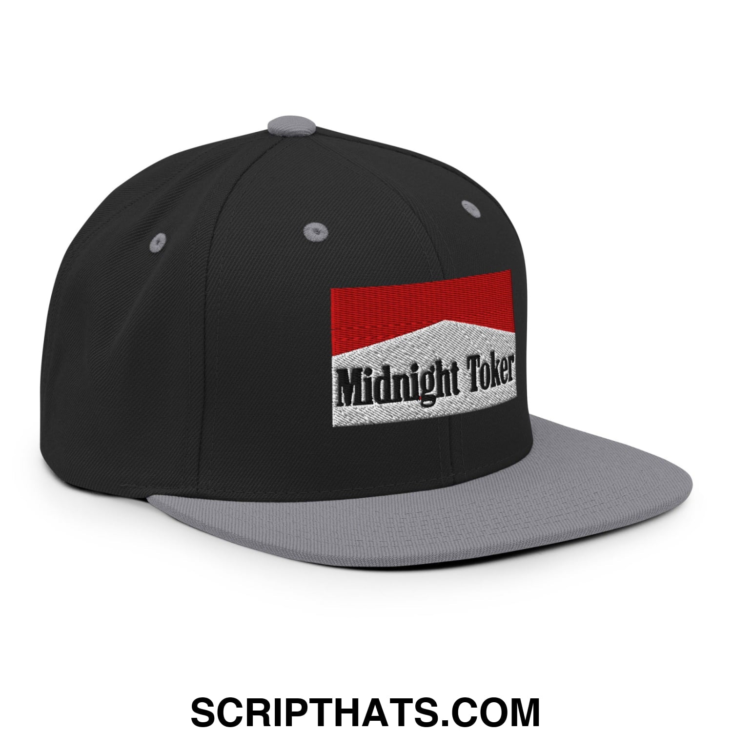Midnight Toker Cigarette Red Embroidered Flat Bill Brim Snapback Hat Black Silver