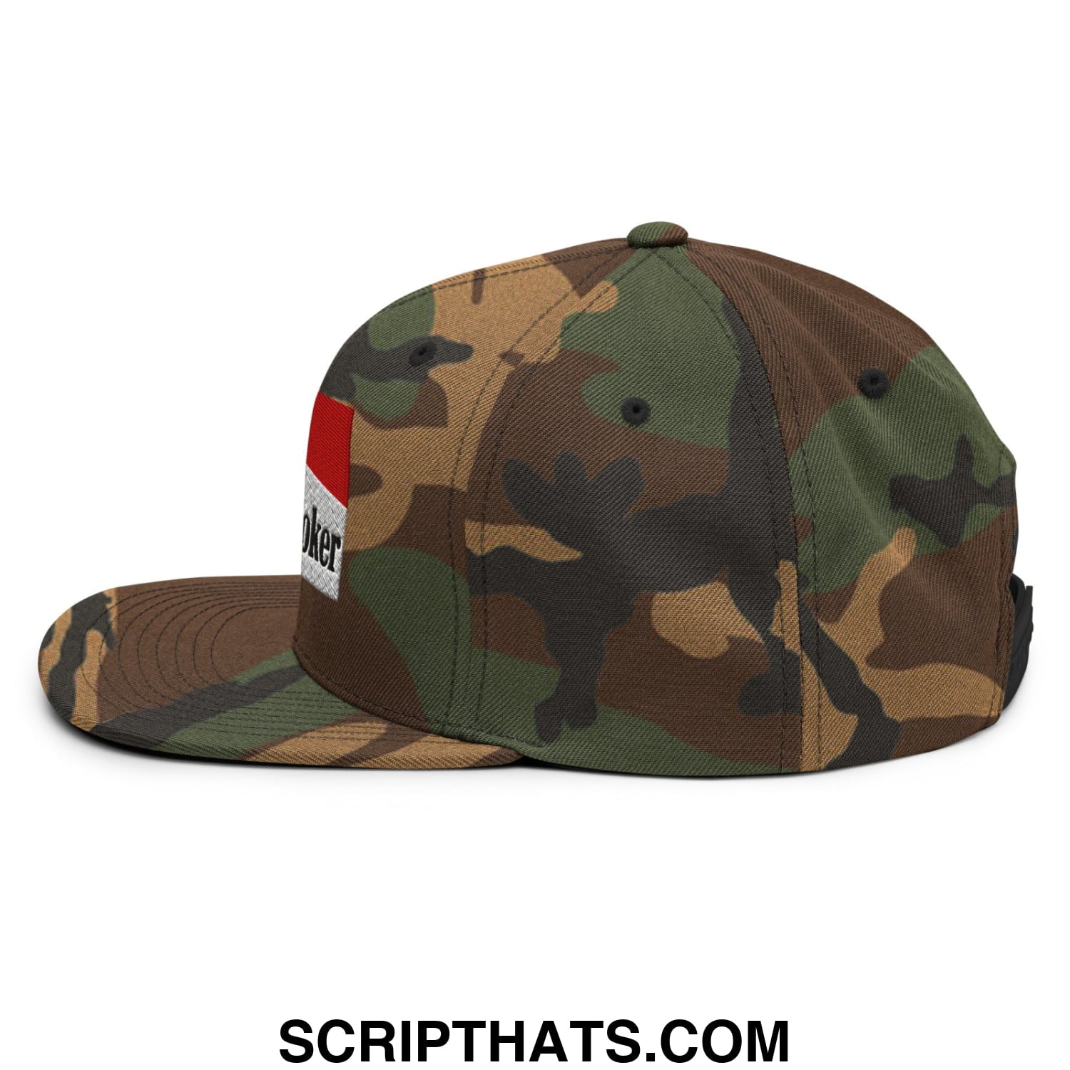 Midnight Toker Cigarette Red Embroidered Flat Bill Brim Snapback Hat Green Camo