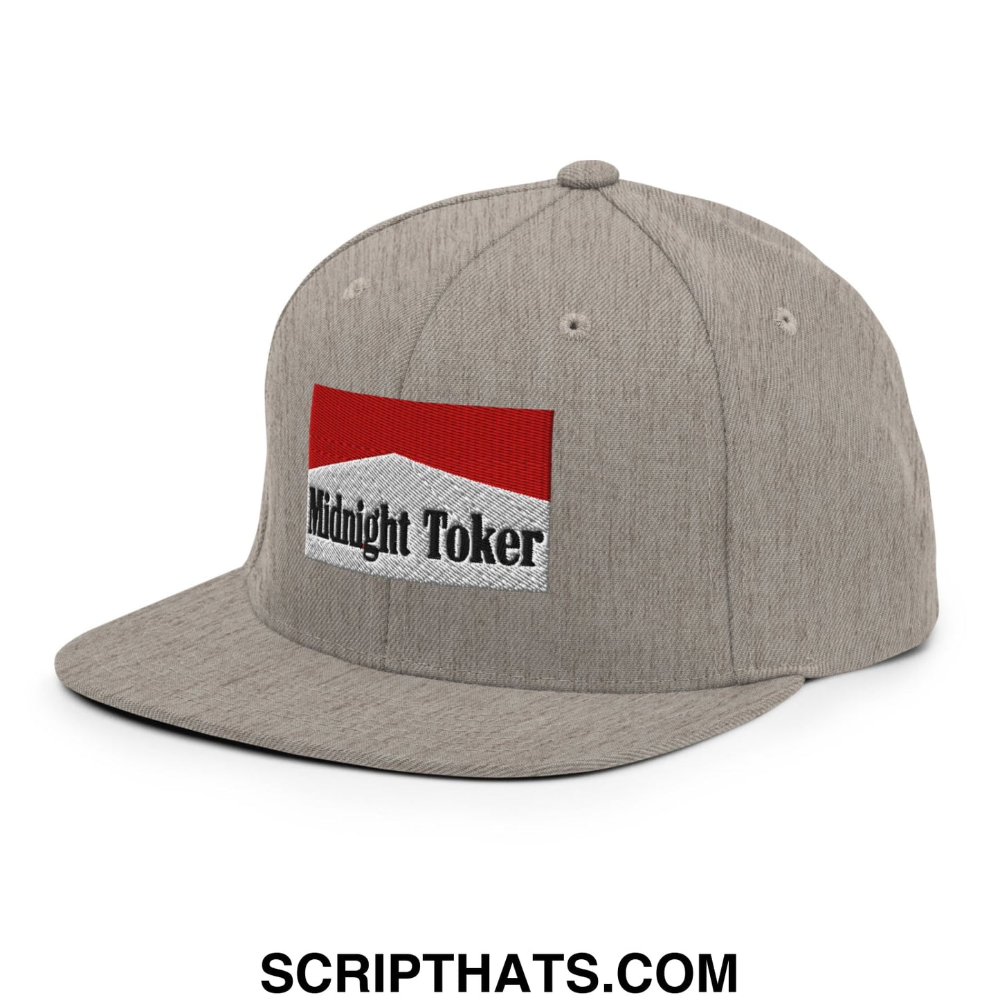 Midnight Toker Cigarette Red Embroidered Flat Bill Brim Snapback Hat Heather Grey