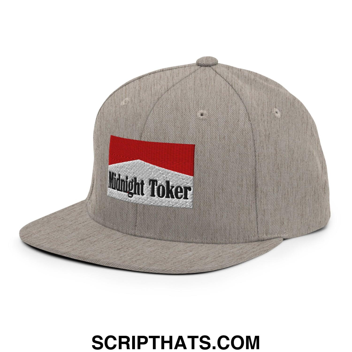Midnight Toker Cigarette Red Embroidered Flat Bill Brim Snapback Hat Heather Grey