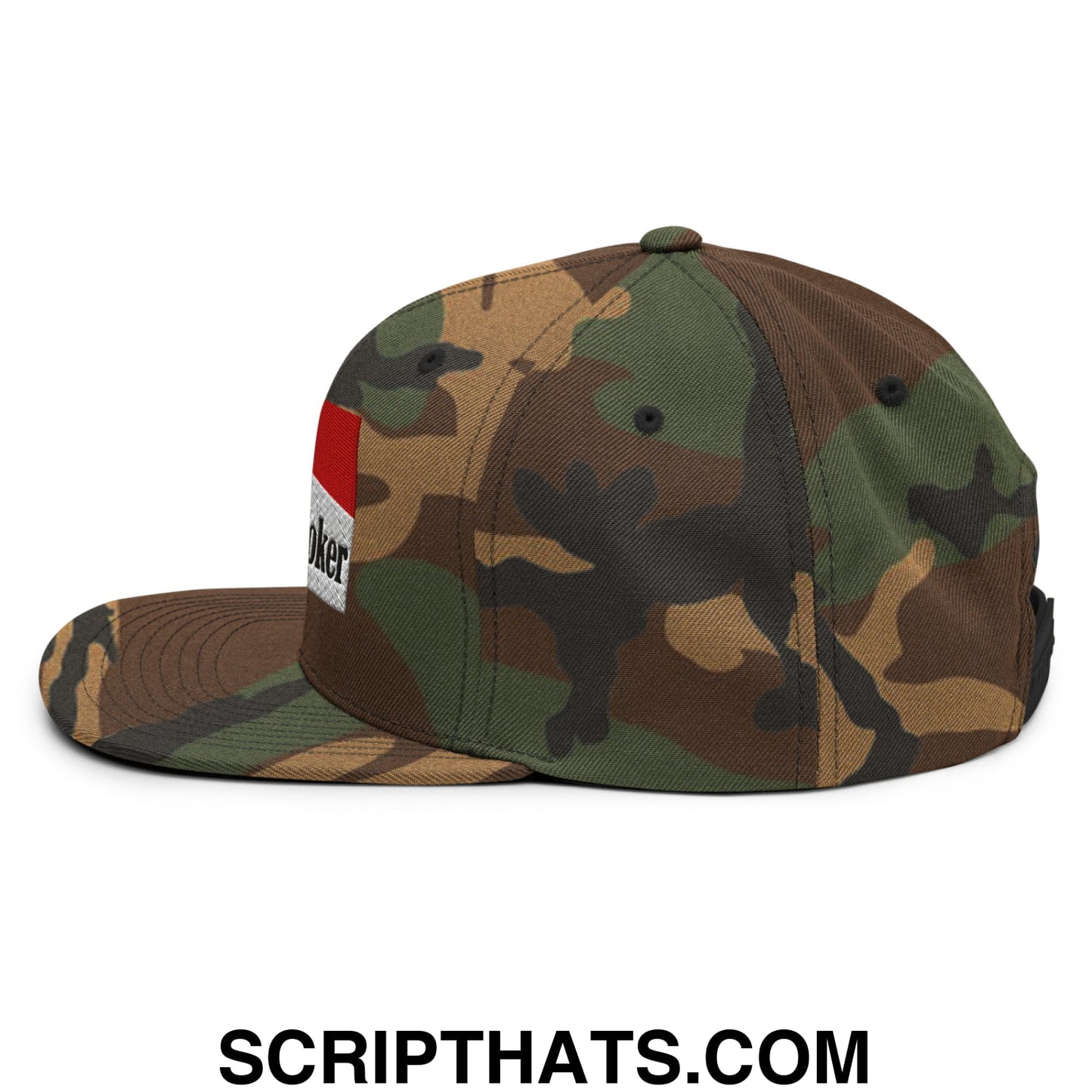 Midnight Toker Cigarette Red Embroidered Flat Bill Brim Snapback Hat Green Camo