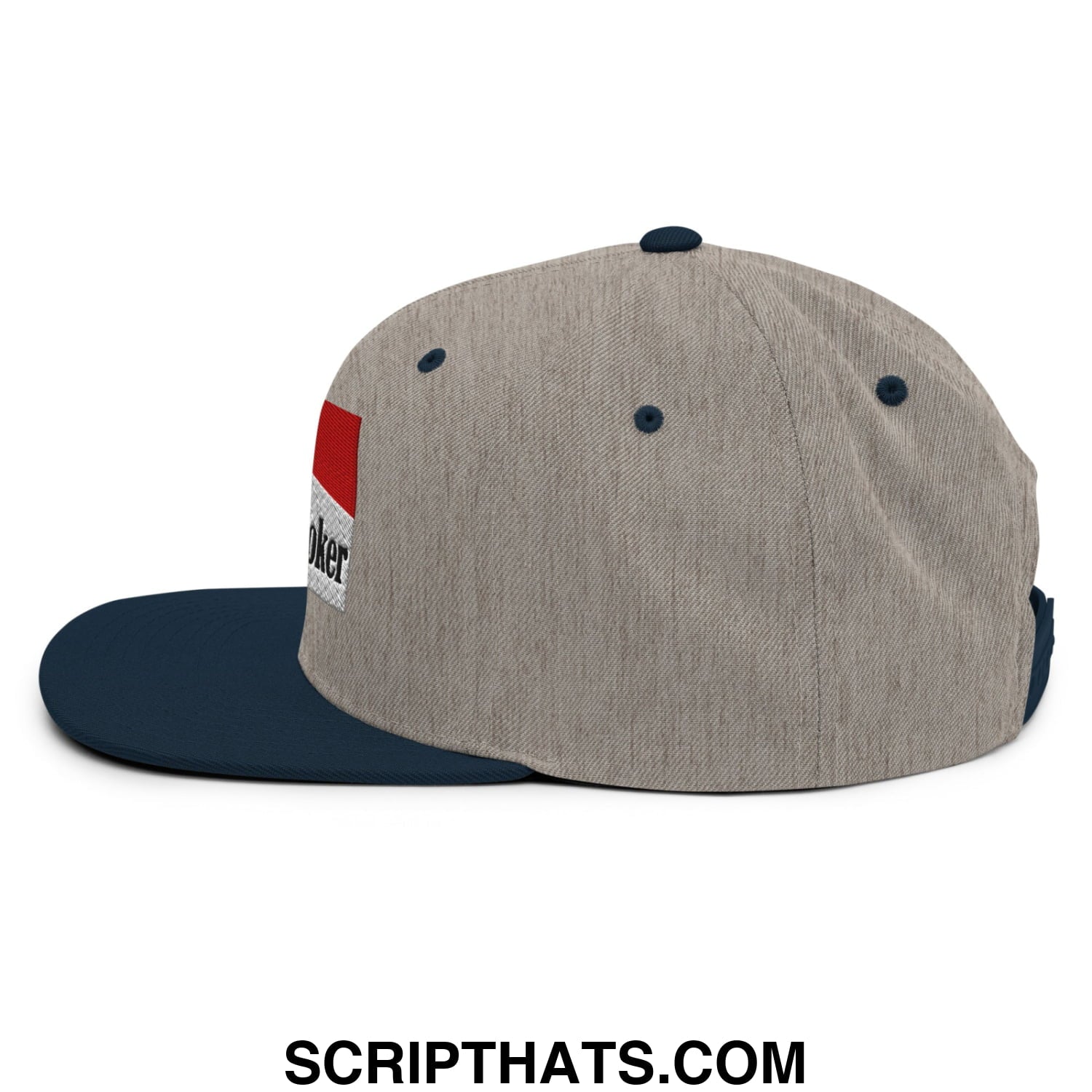 Midnight Toker Cigarette Red Embroidered Flat Bill Brim Snapback Hat Heather Grey Navy