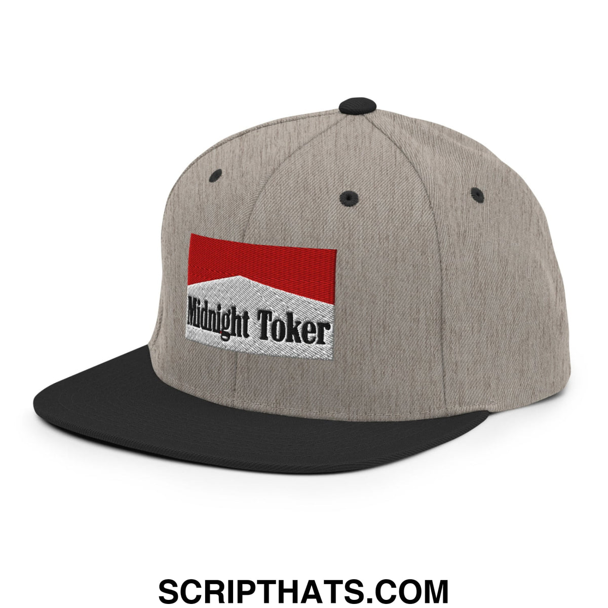 Gray and black snapback cap with red and white embroidered midnight toker patch and flat bill brim