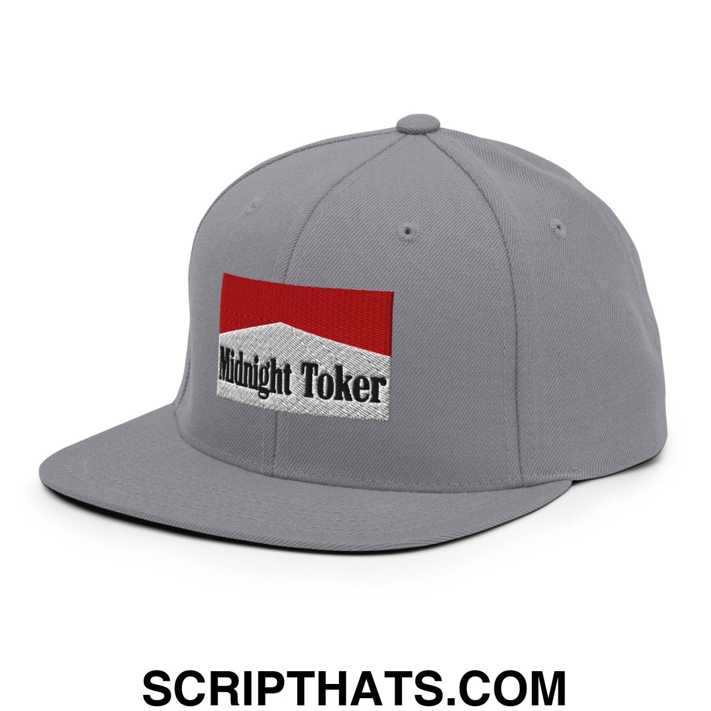 Midnight Toker Cigarette Red Embroidered Flat Bill Brim Snapback Hat Silver